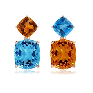 12x10mm AAAA Rectangular Cushion Swiss Blue Topaz & Citrine Mismatch Earrings in Rose Gold