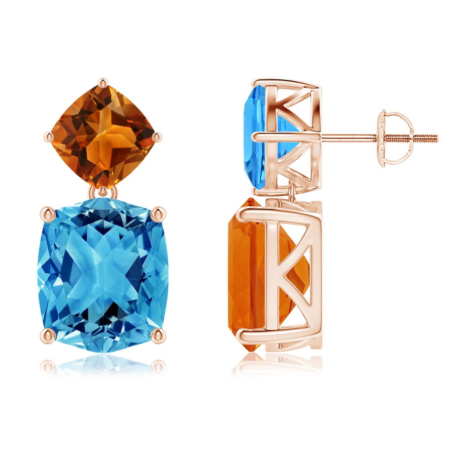 12x10mm AAAA Rectangular Cushion Swiss Blue Topaz & Citrine Mismatch Earrings in Rose Gold side-1