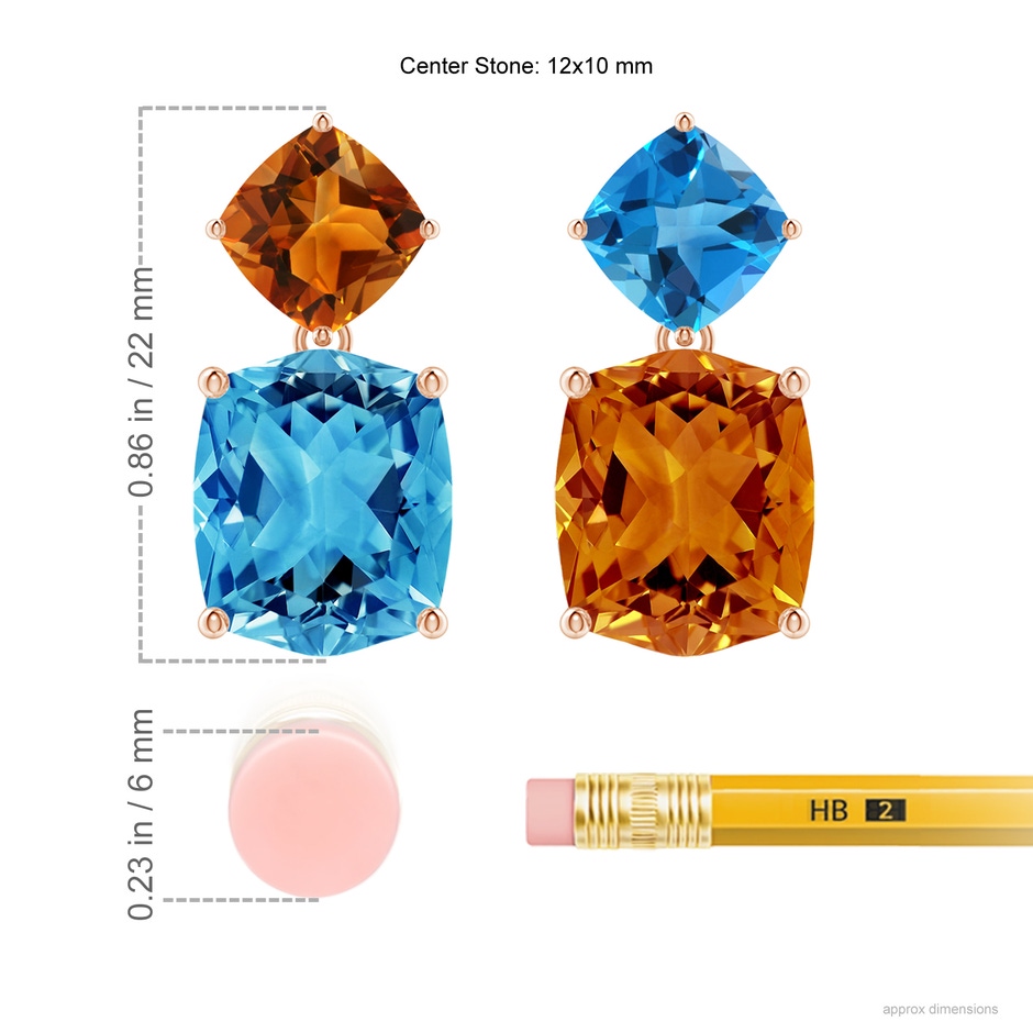 12x10mm AAAA Rectangular Cushion Swiss Blue Topaz & Citrine Mismatch Earrings in Rose Gold ruler