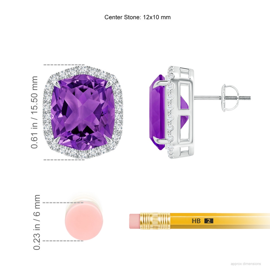 12x10mm AAAA Rectangular Cushion Amethyst Halo Stud Earrings in P950 Platinum ruler
