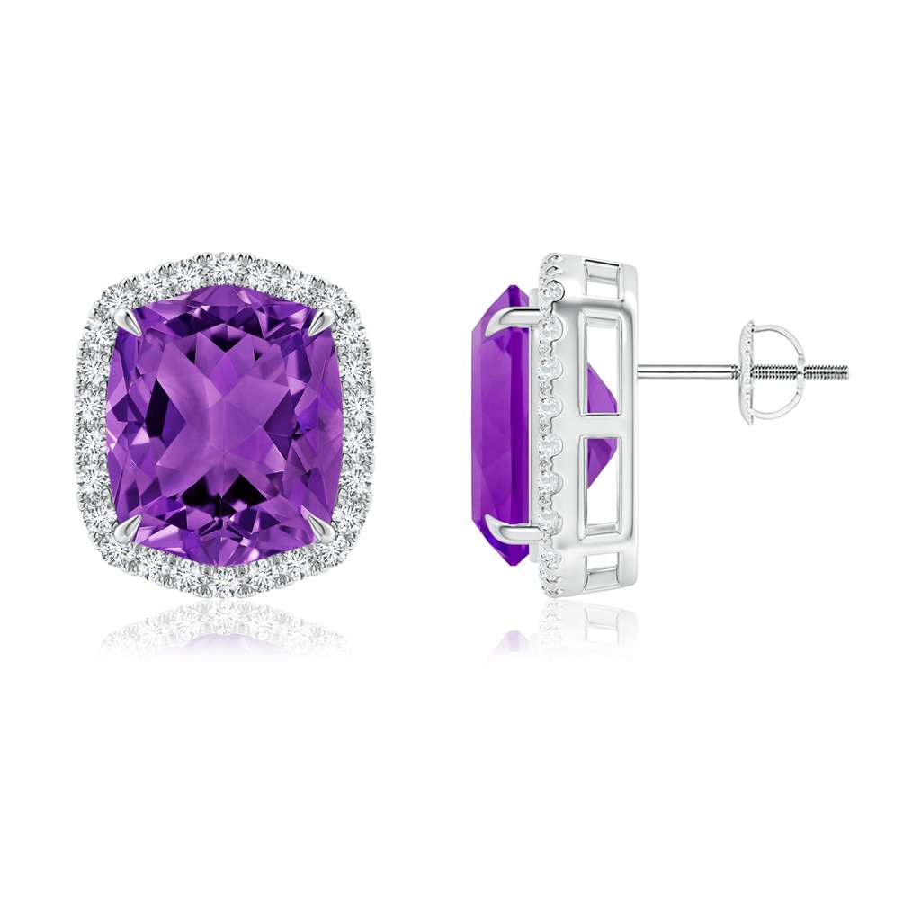 12x10mm AAAA Rectangular Cushion Amethyst Halo Stud Earrings in White Gold