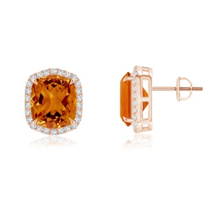 10x8mm AAAA Rectangular Cushion Citrine Halo Stud Earrings in 9K Rose Gold