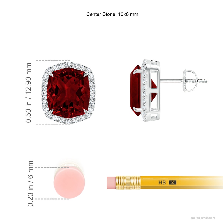 10x8mm AAAA Rectangular Cushion Garnet Halo Stud Earrings in White Gold ruler