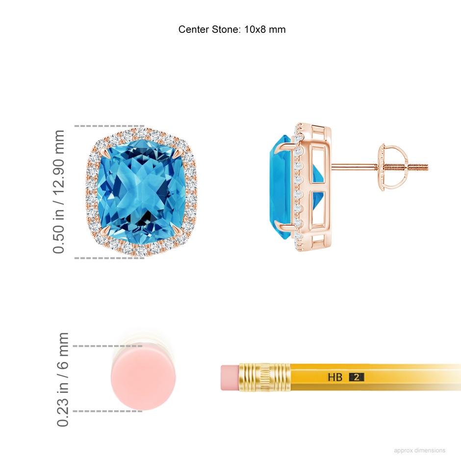 10x8mm AAAA Rectangular Cushion Swiss Blue Topaz Halo Stud Earrings in Rose Gold ruler