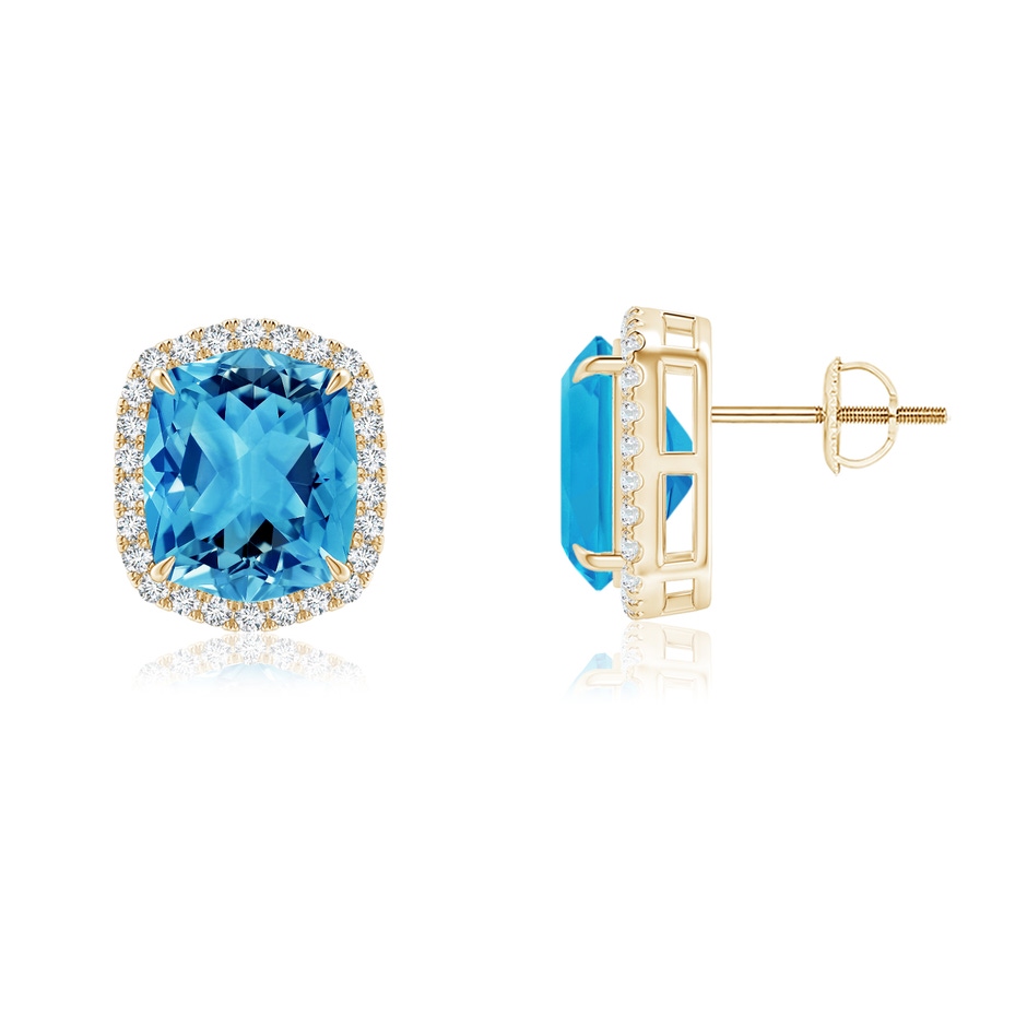 10x8mm AAAA Rectangular Cushion Swiss Blue Topaz Halo Stud Earrings in Yellow Gold 
