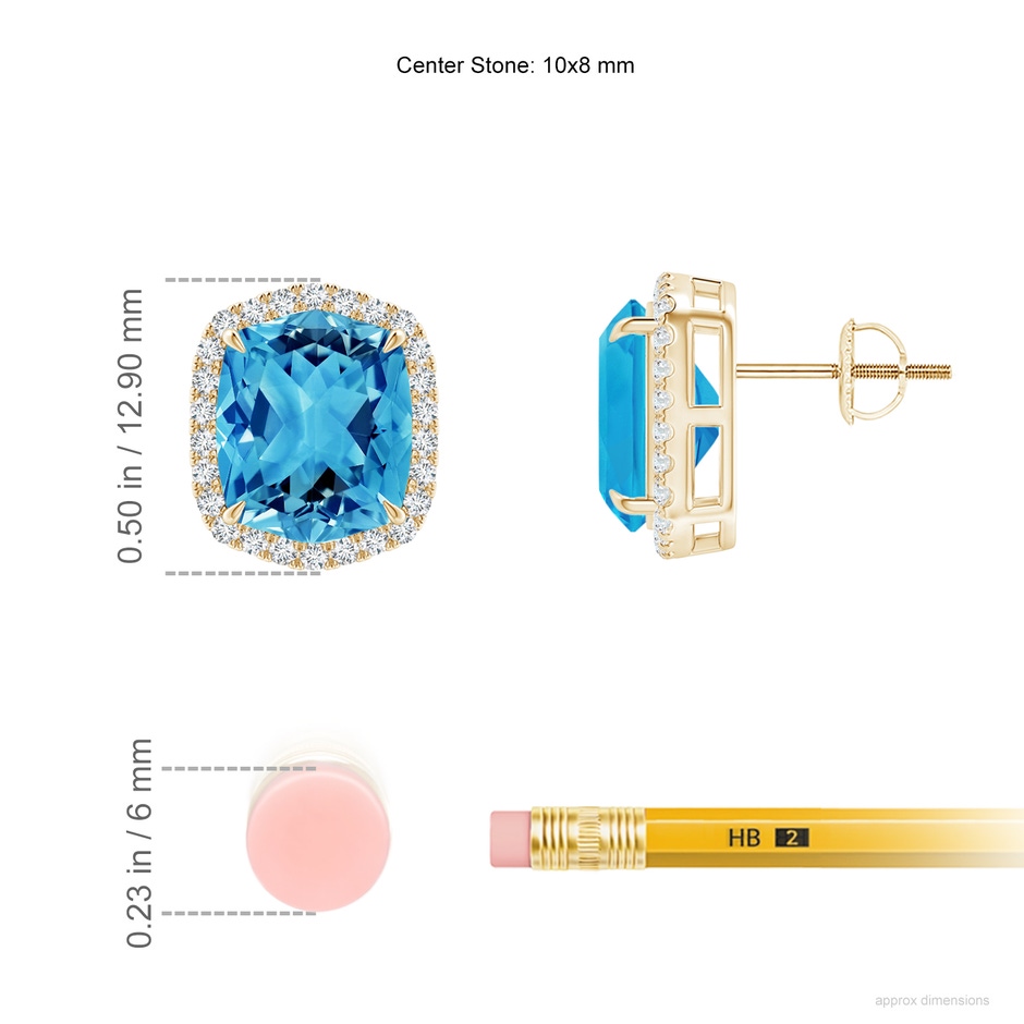10x8mm AAAA Rectangular Cushion Swiss Blue Topaz Halo Stud Earrings in Yellow Gold ruler