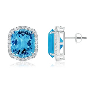 12x10mm AAAA Rectangular Cushion Swiss Blue Topaz Halo Stud Earrings in P950 Platinum