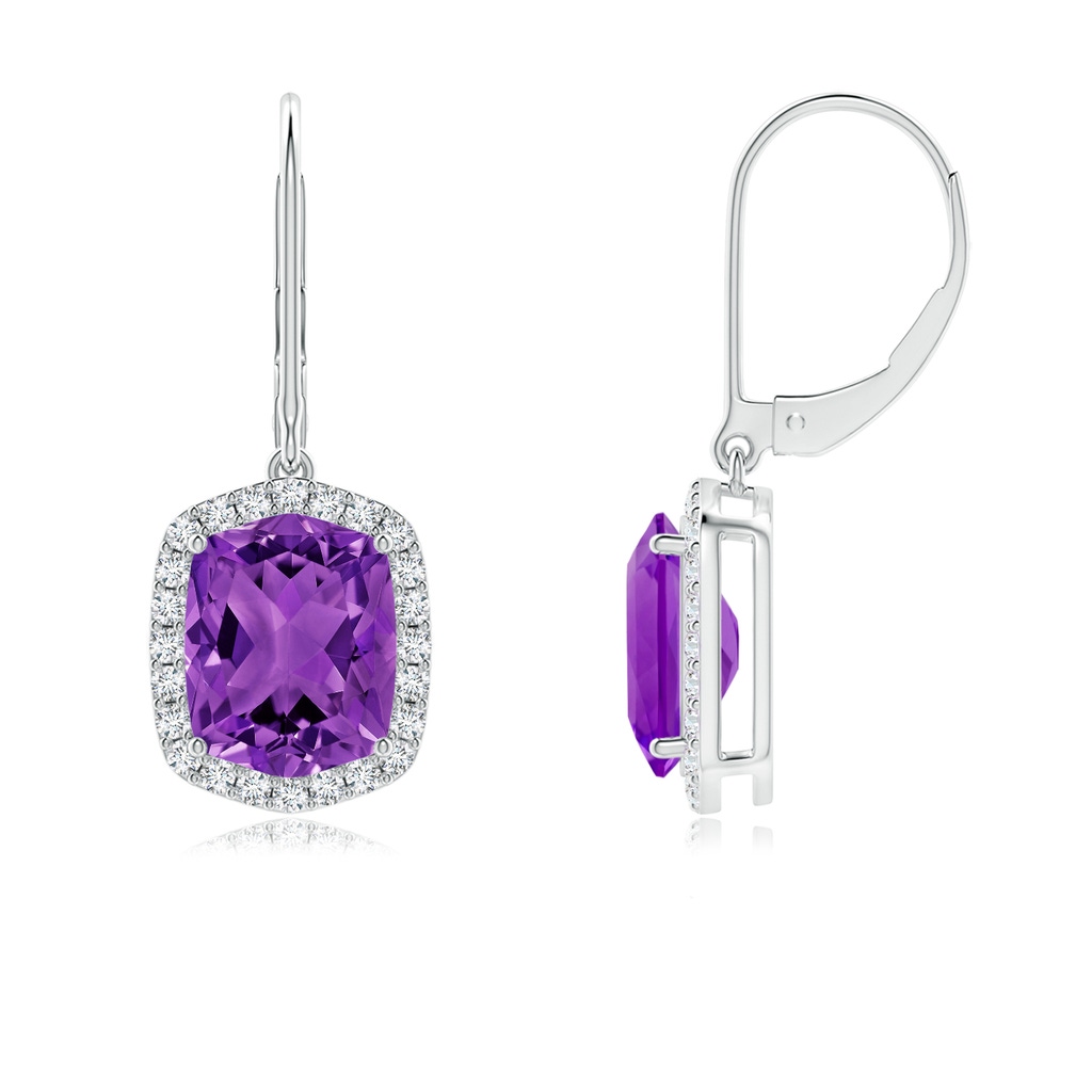 10x8mm AAAA Rectangular Cushion Amethyst Halo Dangle Earrings in White Gold