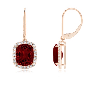 10x8mm AAAA Rectangular Cushion Garnet Halo Dangle Earrings in 10K Rose Gold