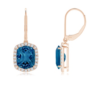 10x8mm AAAA Rectangular Cushion London Blue Topaz Halo Dangle Earrings in 10K Rose Gold