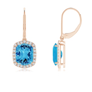 10x8mm AAAA Rectangular Cushion Swiss Blue Topaz Halo Dangle Earrings in 9K Rose Gold