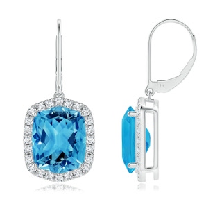 12x10mm AAAA Rectangular Cushion Swiss Blue Topaz Halo Dangle Earrings in P950 Platinum