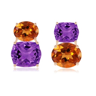 12x10mm AAAA Rectangular Cushion Amethyst & Oval Citrine Mismatch Earrings in 10K Rose Gold