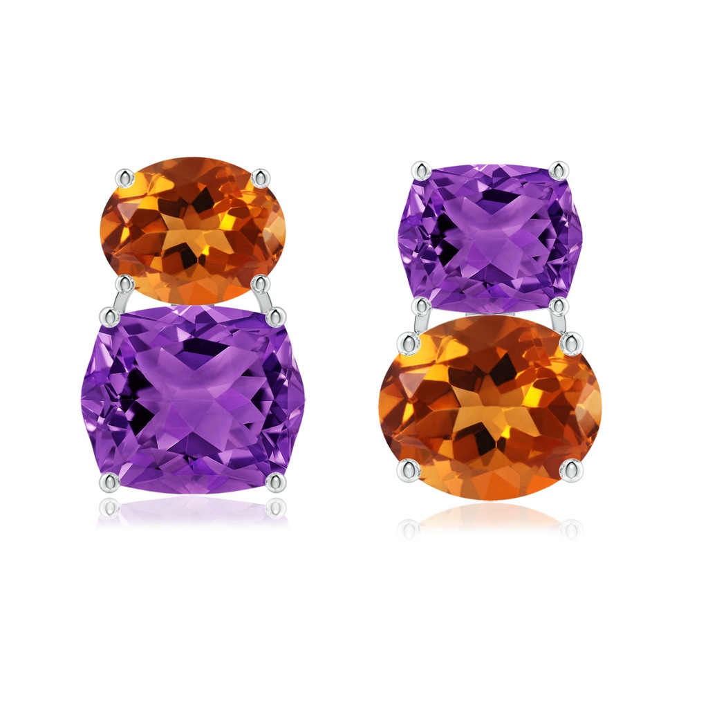 12x10mm AAAA Rectangular Cushion Amethyst & Oval Citrine Mismatch Earrings in White Gold