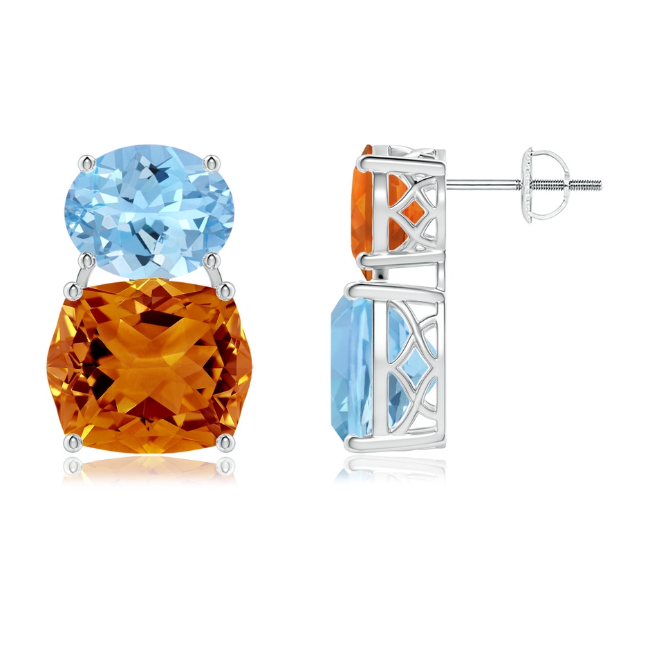 12x10mm AAAA Rectangular Cushion Citrine & Oval Aquamarine Mismatch Earrings in White Gold side-1