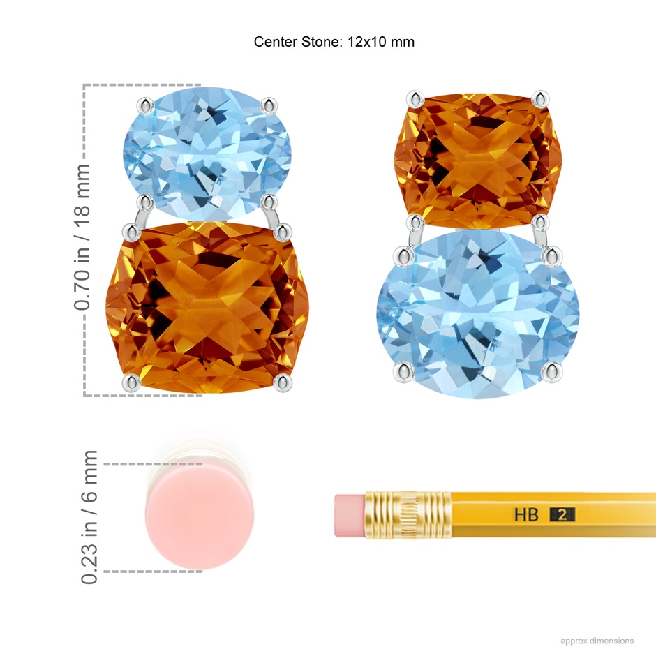 12x10mm AAAA Rectangular Cushion Citrine & Oval Aquamarine Mismatch Earrings in White Gold ruler