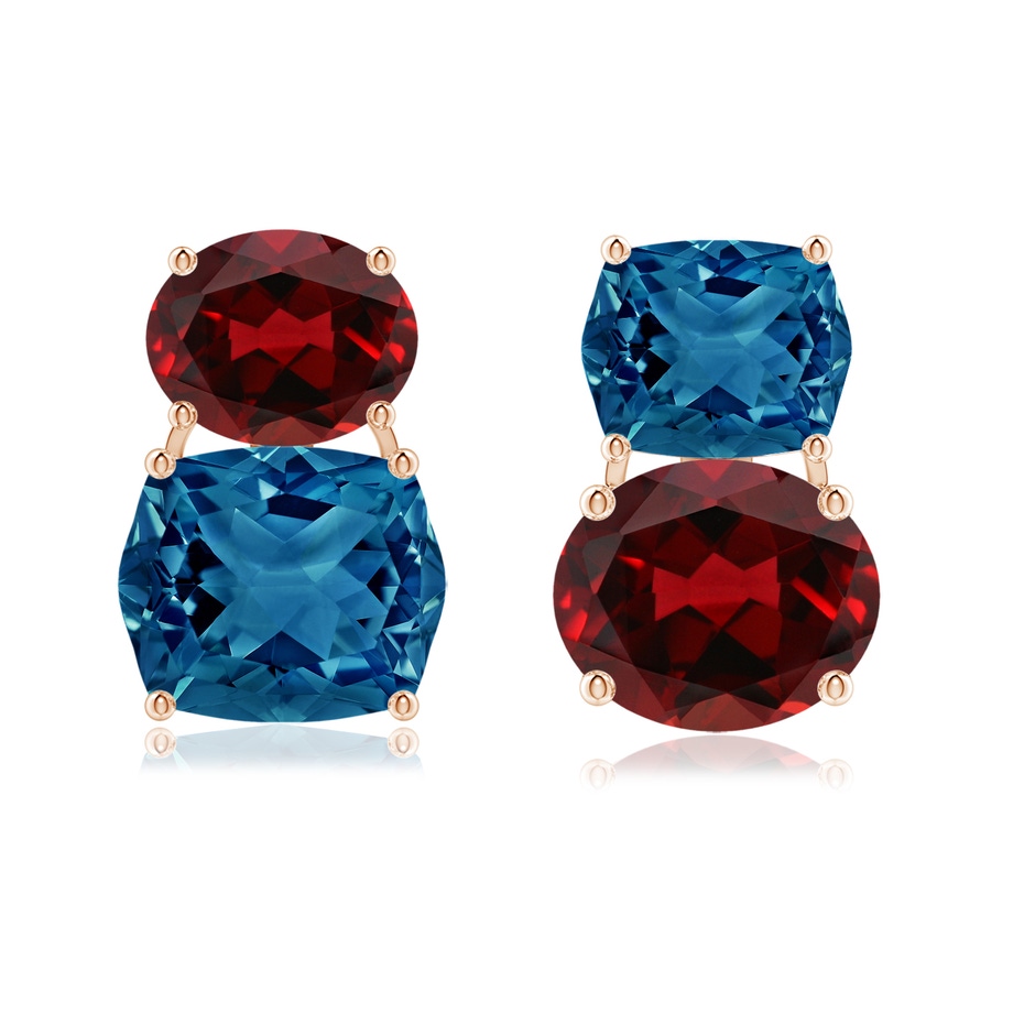 12x10mm AAAA Rectangular Cushion London Blue Topaz & Oval Garnet Mismatch Earrings in Rose Gold 