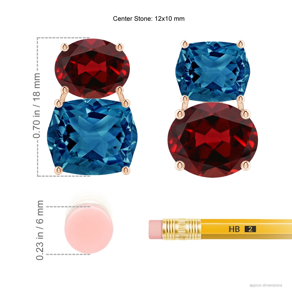 12x10mm AAAA Rectangular Cushion London Blue Topaz & Oval Garnet Mismatch Earrings in Rose Gold ruler