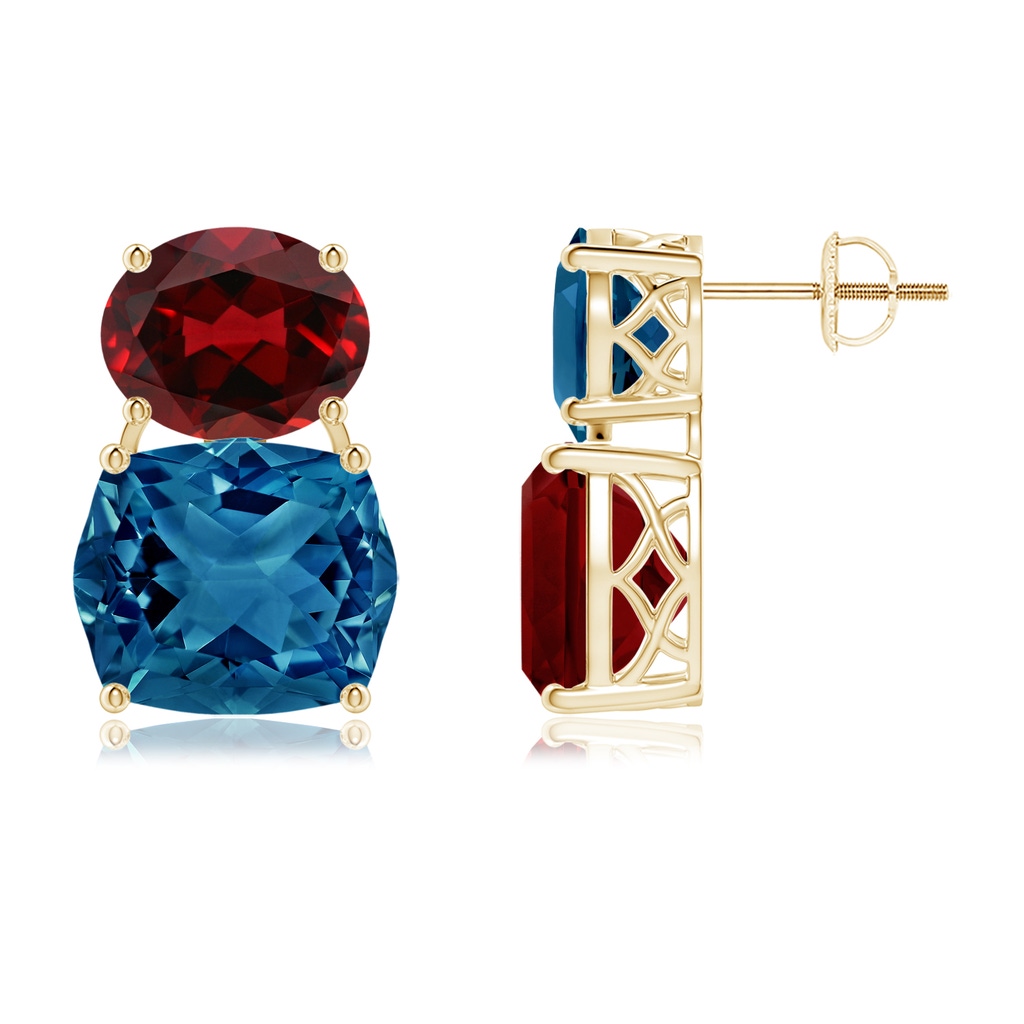 12x10mm AAAA Rectangular Cushion London Blue Topaz & Oval Garnet Mismatch Earrings in Yellow Gold - side_1