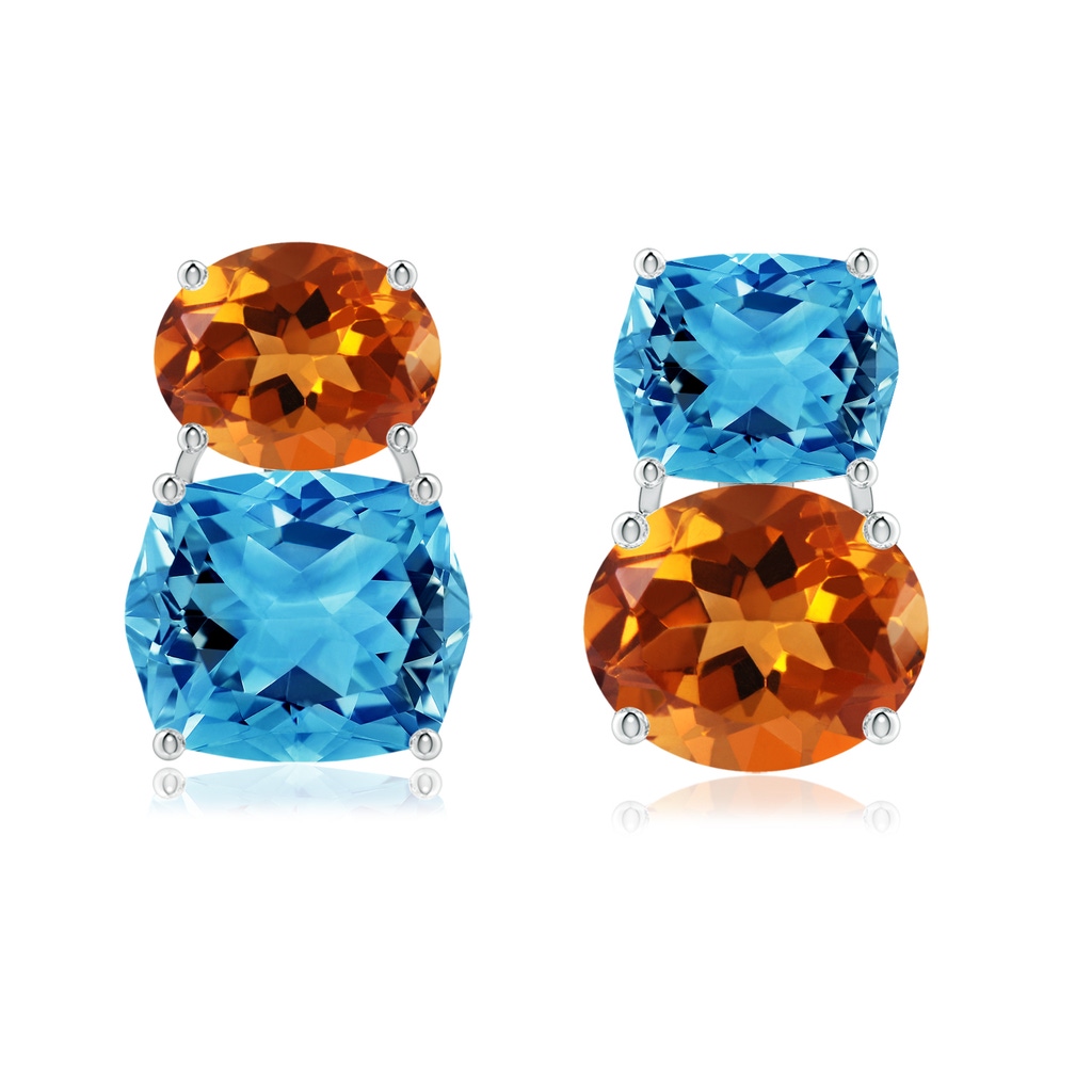 12x10mm AAAA Rectangular Cushion Swiss Blue Topaz & Oval Citrine Mismatch Earrings in P950 Platinum