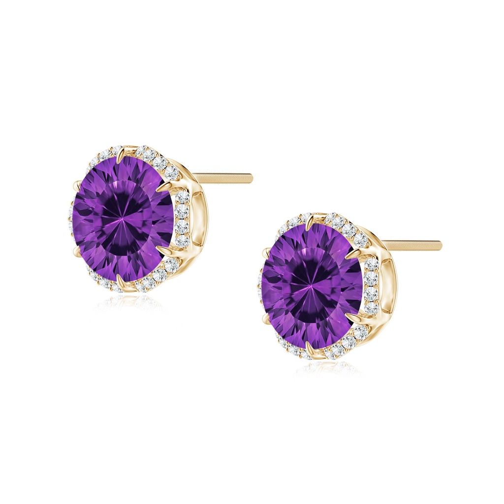 8mm AAAA Round Amethyst Floral Halo Studs in Yellow Gold
