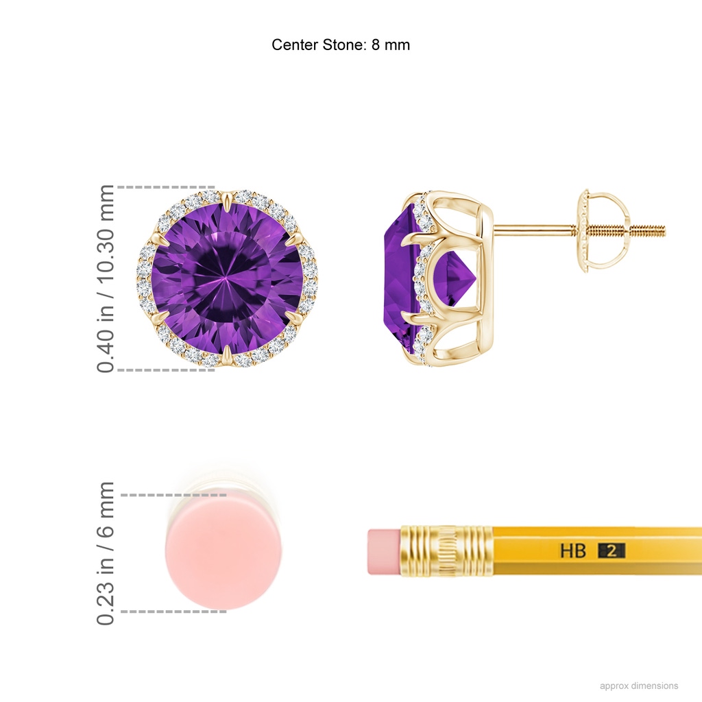 8mm AAAA Round Amethyst Floral Halo Studs in Yellow Gold Ruler