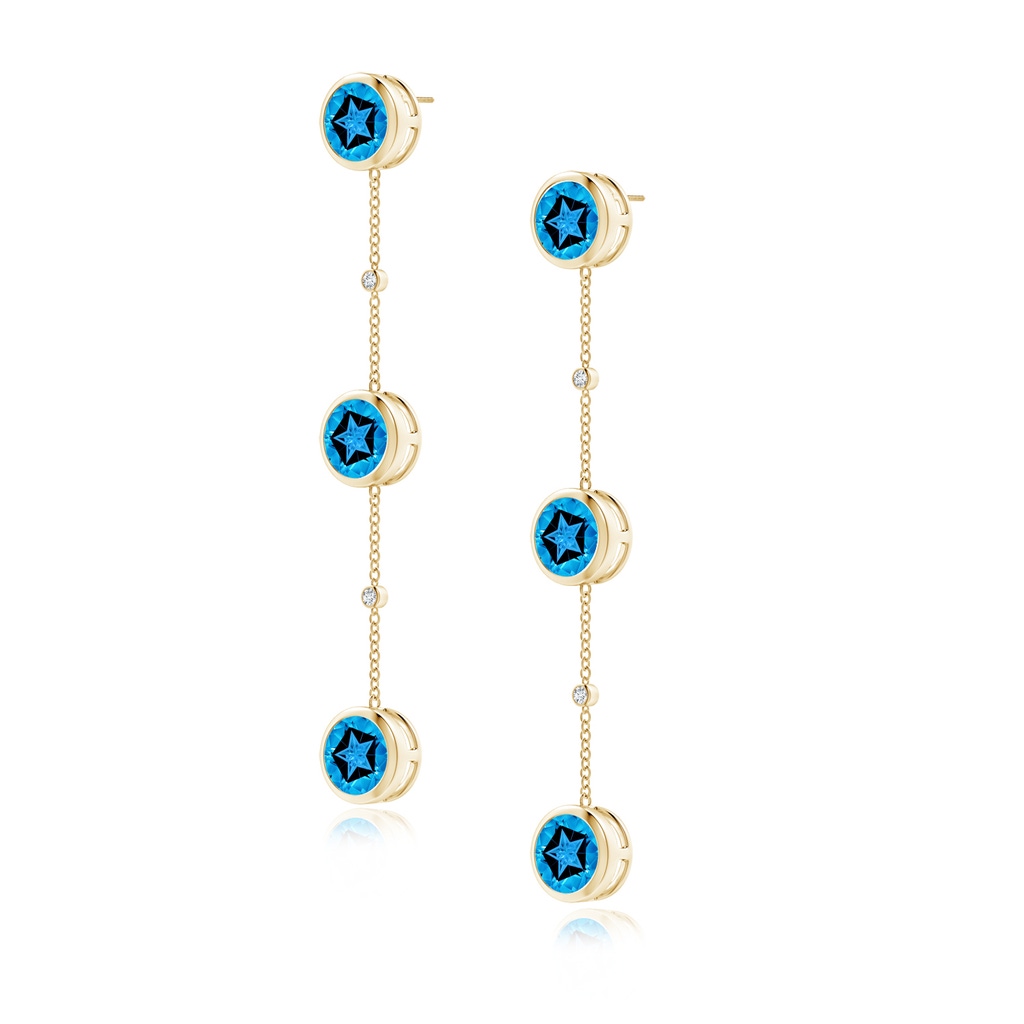 9mm AAAA Bezel-Set Round Swiss Blue Topaz Station Drop Earrings in Yellow Gold