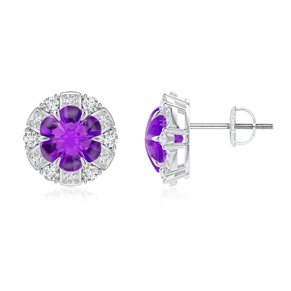 7mm AAAA Six-Petal Amethyst Flower Studs with Diamond Halo in White Gold 