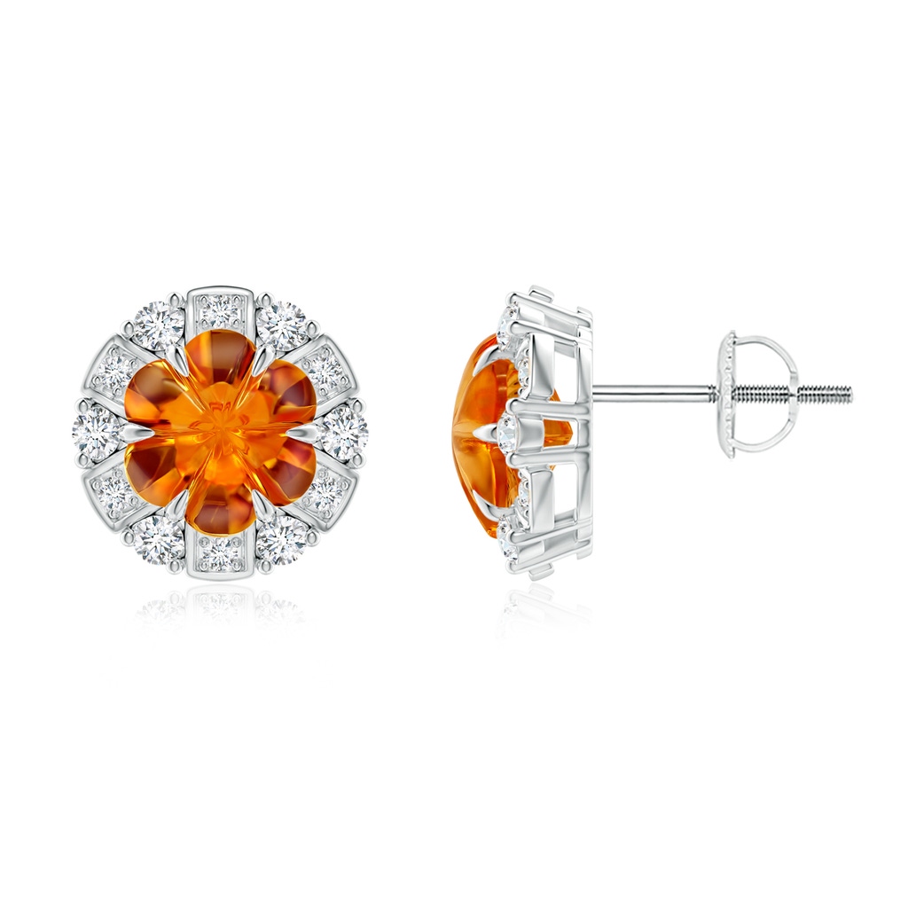 7mm AAAA Six-Petal Citrine Flower Studs with Diamond Halo in White Gold