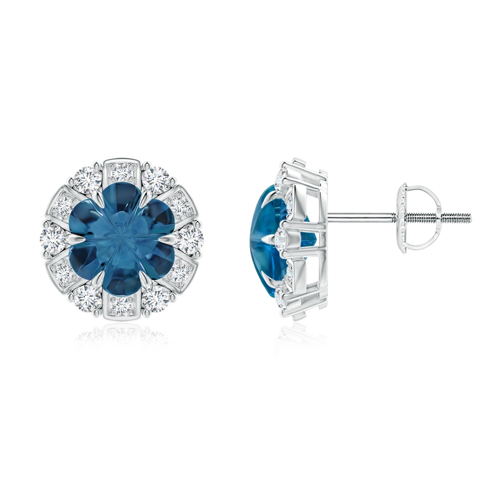 7mm AAAA Six-Petal London Blue Topaz Flower Studs with Diamond Halo in P950 Platinum