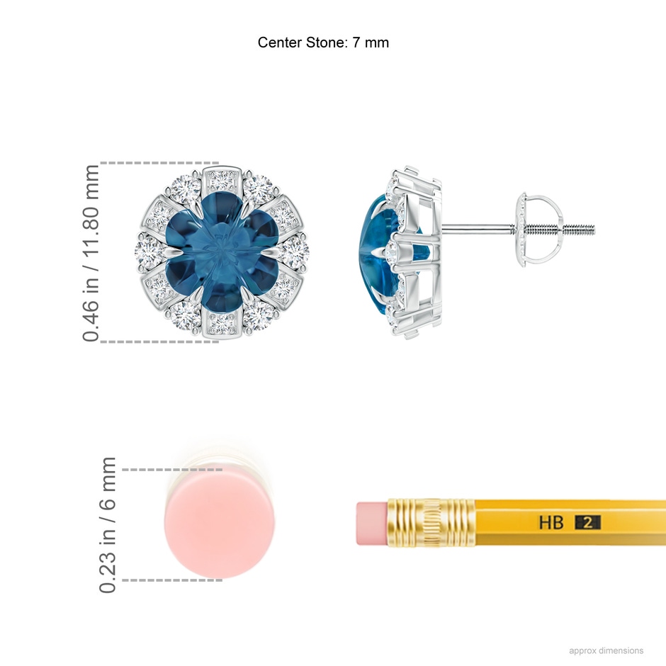 7mm AAAA Six-Petal London Blue Topaz Flower Studs with Diamond Halo in White Gold ruler