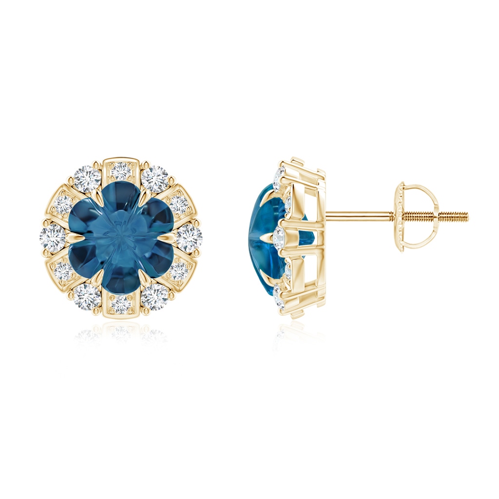 7mm AAAA Six-Petal London Blue Topaz Flower Studs with Diamond Halo in Yellow Gold