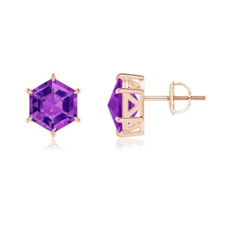 7mm AAAA Hexagonal Step-Cut Amethyst Solitaire Studs in Rose Gold