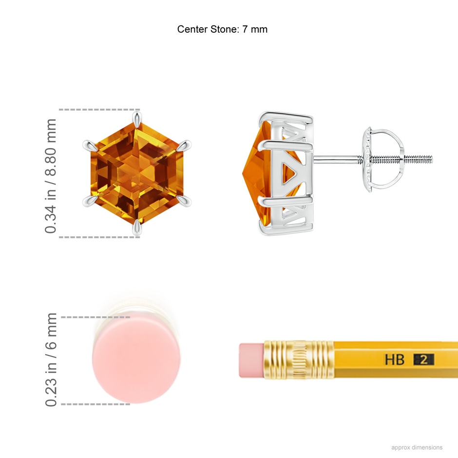 7mm AAAA Hexagonal Step-Cut Citrine Solitaire Studs in P950 Platinum ruler