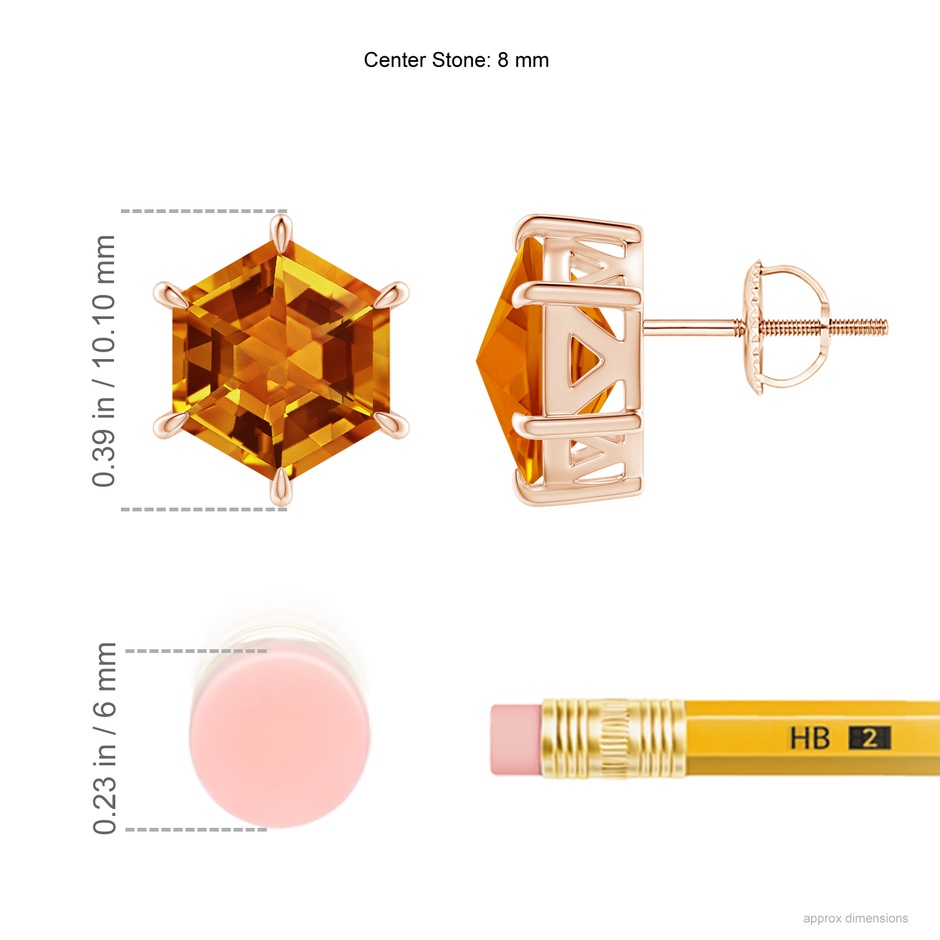 8mm AAAA Hexagonal Step-Cut Citrine Solitaire Studs in Rose Gold ruler