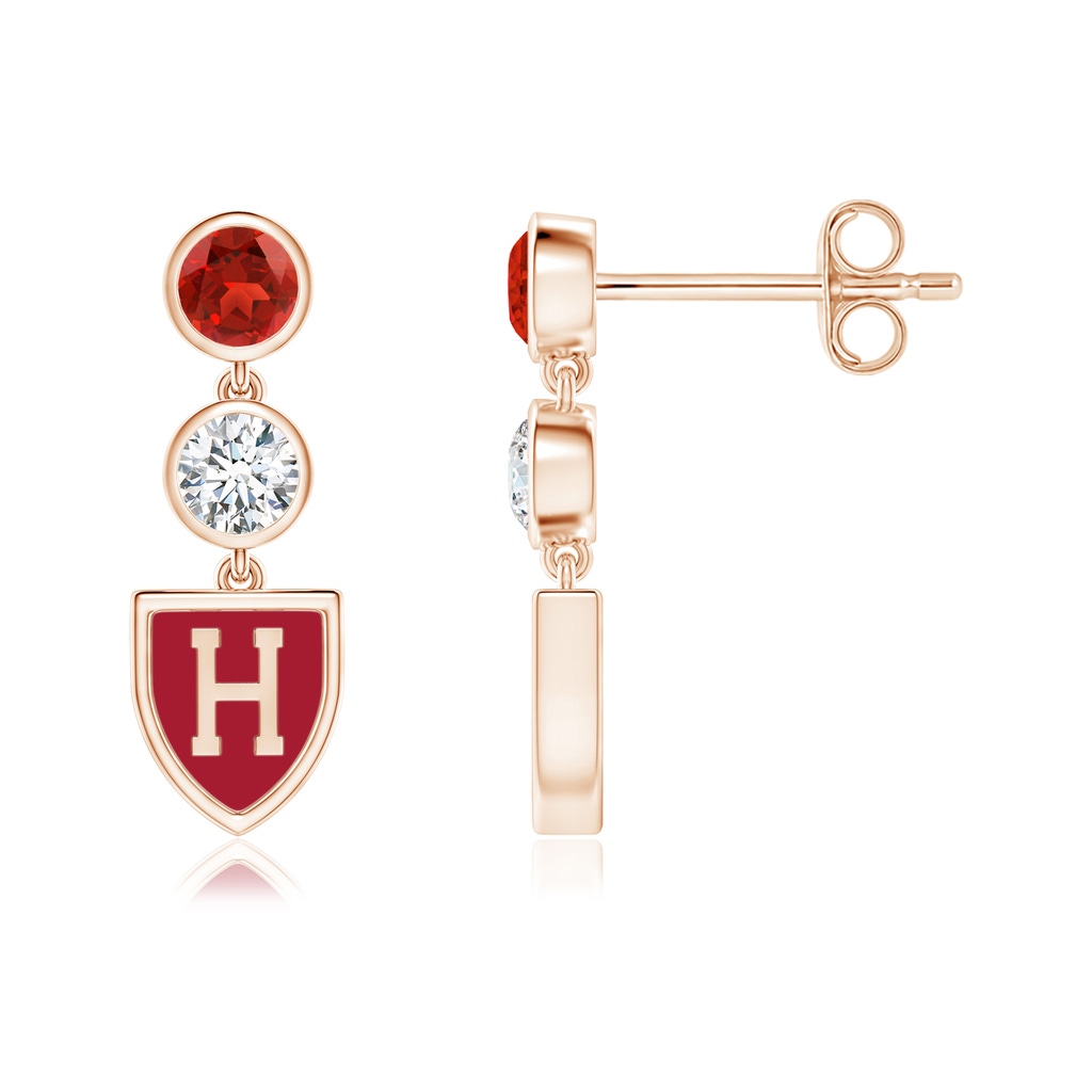 3mm AAA Garnet and Diamond Dangle Earrings with Harvard Insignia in Rose Gold