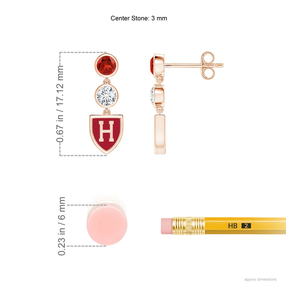 3mm AAA Garnet and Diamond Dangle Earrings with Harvard Insignia in Rose Gold Ruler