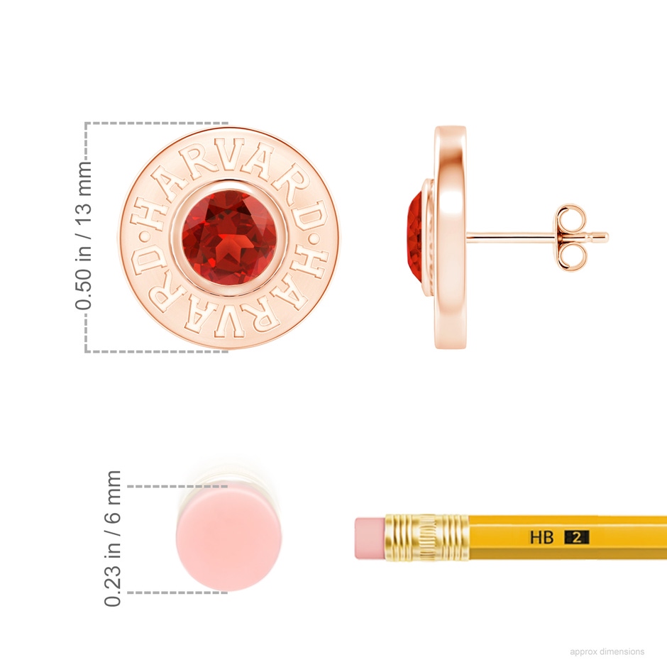 5mm AAA Harvard University Engraved Studs with Bezel-Set Garnets in Rose Gold Ruler