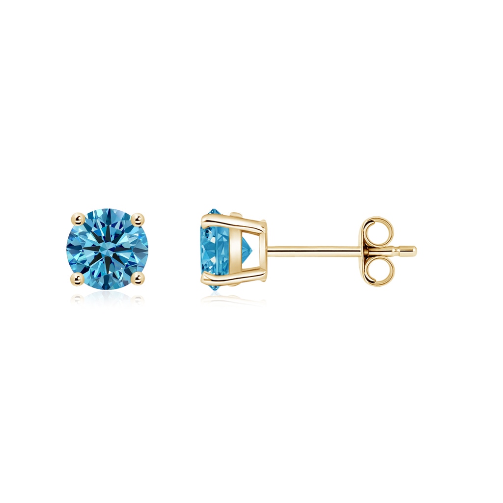 5.1mm Labgrown Basket-Set Round Lab-Grown Fancy Intense Blue Diamond Studs in Yellow Gold