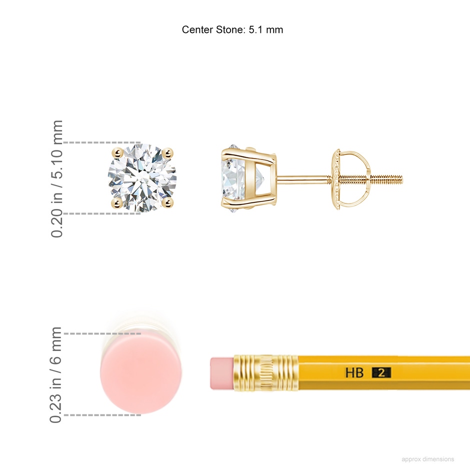 5.1mm FGVS Lab-Grown Basket-Set Round Diamond Studs in Yellow Gold ruler