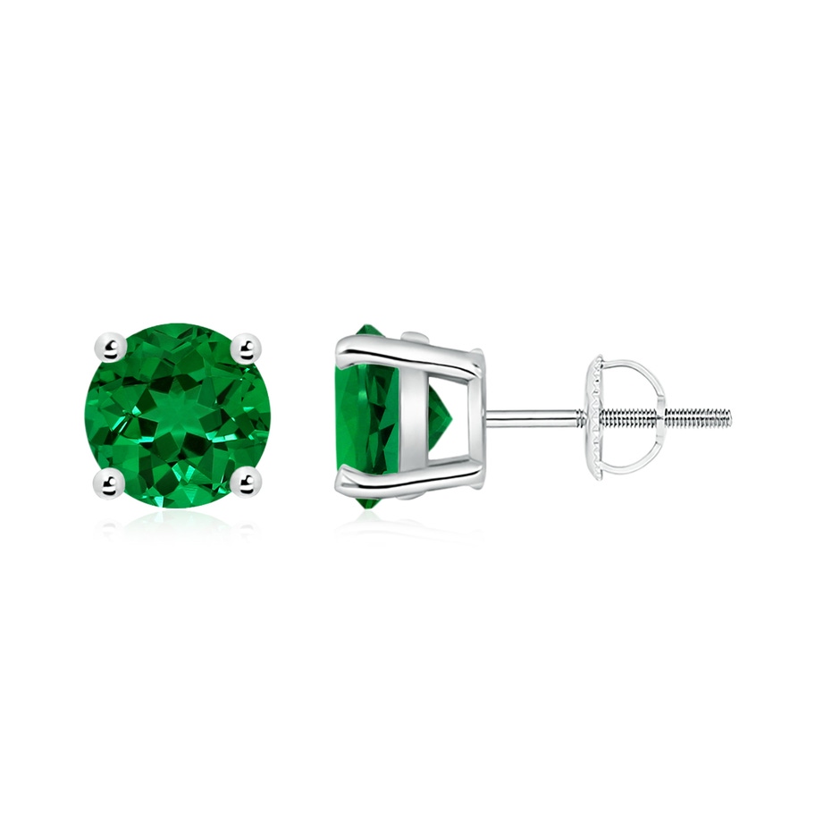 7mm Labgrown Lab-Grown Basket-Set Round Emerald Studs in 18K White Gold 