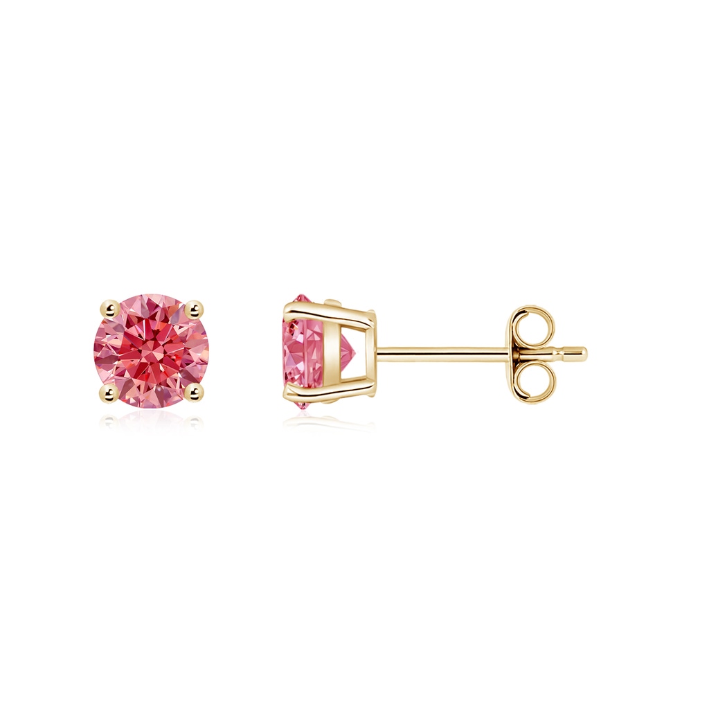 5.1mm Labgrown Basket-Set Round Lab-Grown Fancy Intense Pink Diamond Studs in Yellow Gold