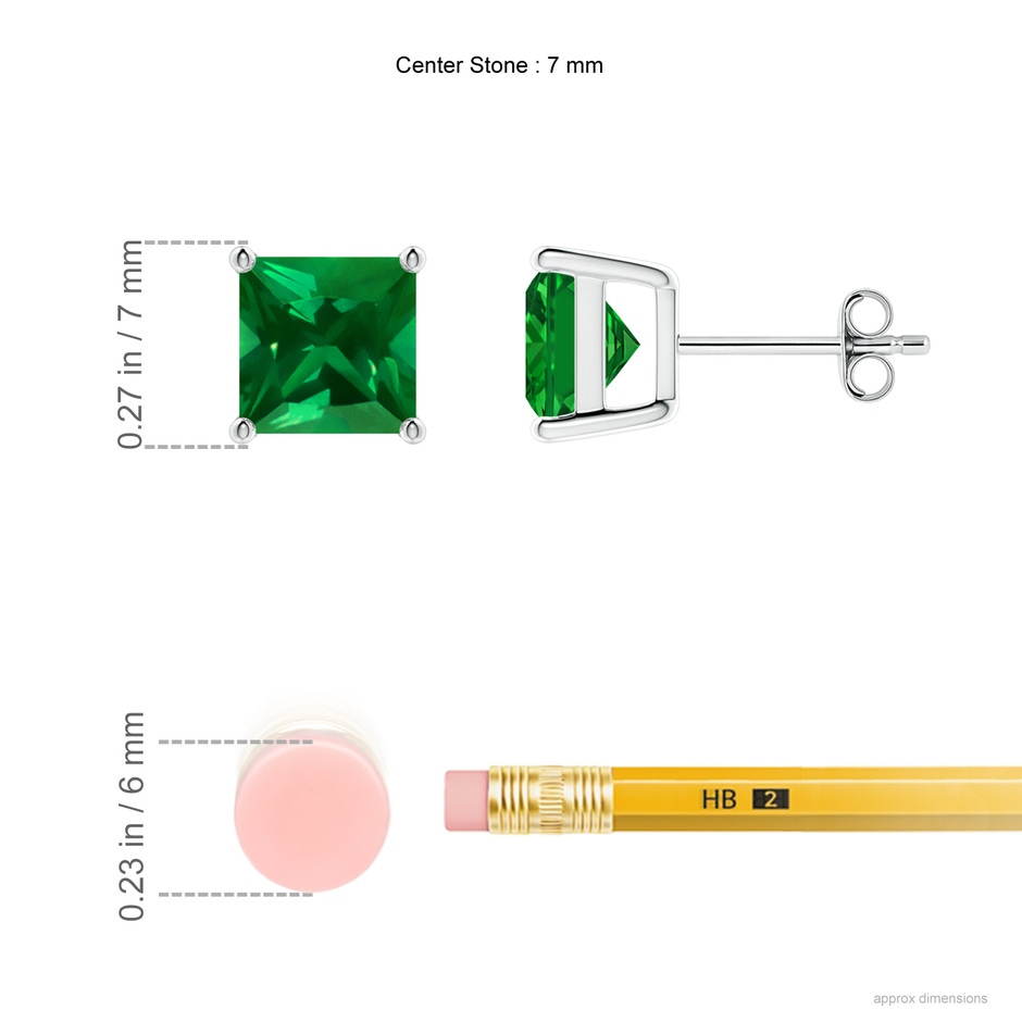 7mm Labgrown Lab-Grown Classic Basket-Set Square Emerald Stud Earrings in P950 Platinum ruler
