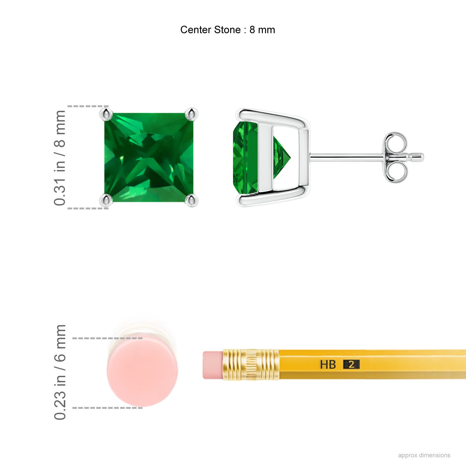 8mm Labgrown Lab-Grown Classic Basket-Set Square Emerald Stud Earrings in White Gold - ruler