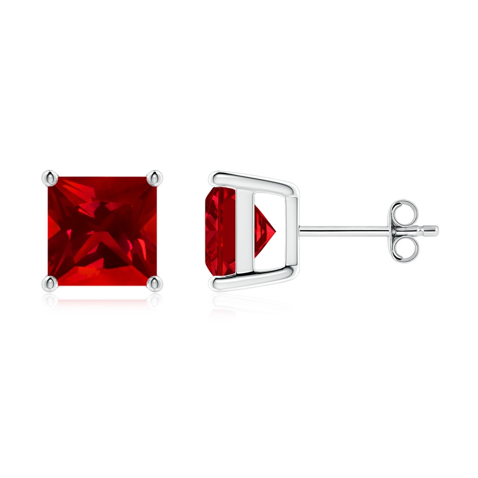 8mm Labgrown Lab-Grown Classic Basket-Set Square Ruby Stud Earrings in White Gold 