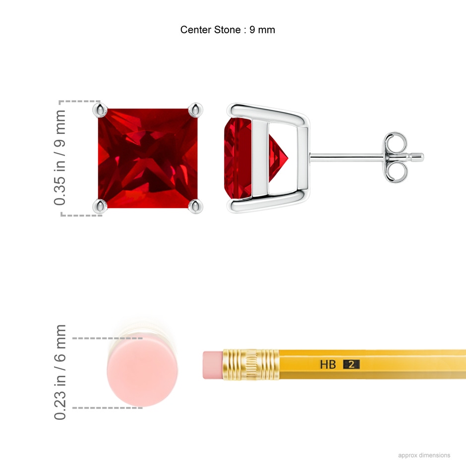 9mm Labgrown Lab-Grown Classic Basket-Set Square Ruby Stud Earrings in P950 Platinum ruler