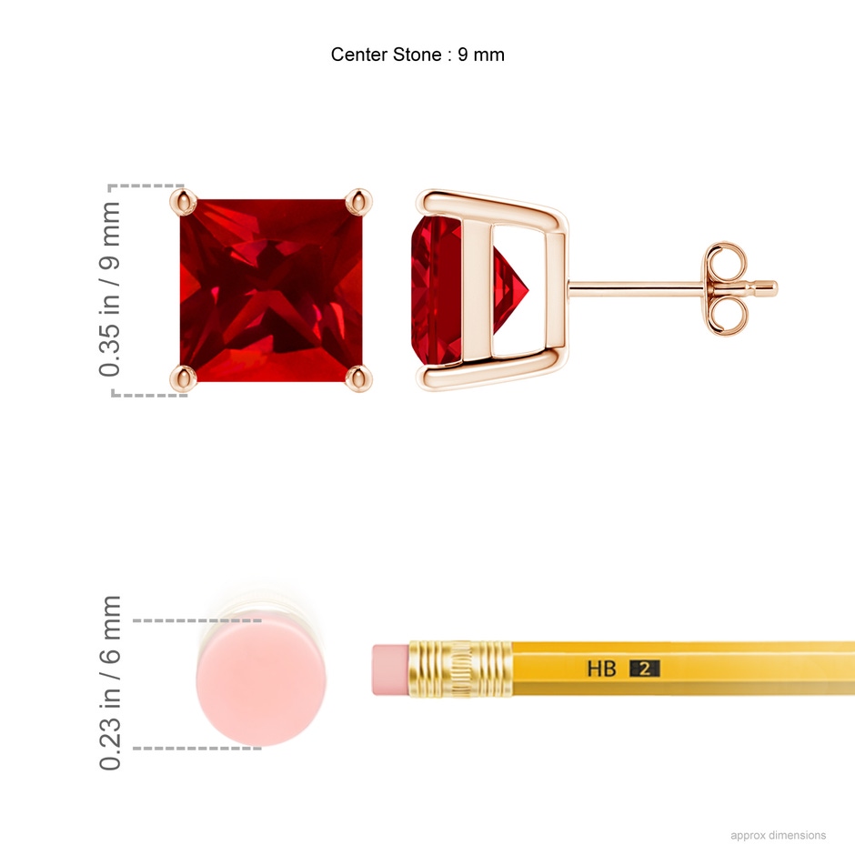 9mm Labgrown Lab-Grown Classic Basket-Set Square Ruby Stud Earrings in Rose Gold ruler