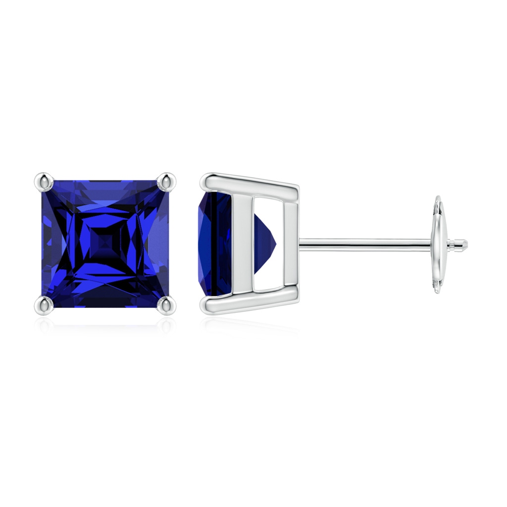 7mm Labgrown Lab-Grown Classic Basket-Set Square Blue Sapphire Stud Earrings in White Gold