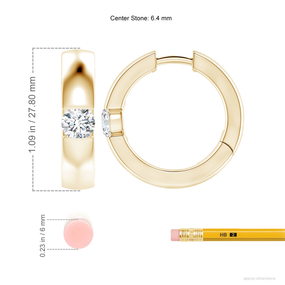 6.4mm FGVS Lab-Grown Channel-Set Round Diamond Hinged Hoop Earrings in 18K Yellow Gold ruler