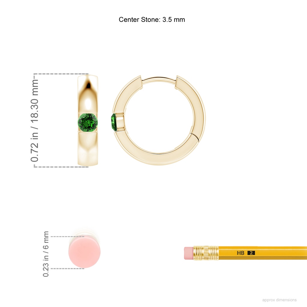 3.5mm Labgrown Lab-Grown Channel-Set Round Emerald Hinged Hoop Earrings in Yellow Gold ruler